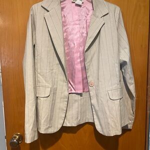 Vintage Zoompy Beige Pinstripe Blazer – Made in USA, Pink Satin Lining, Size L